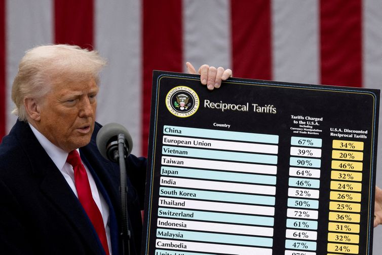 FILE PHOTO: U.S. President Donald Trump delivers remarks on tariffs in the Rose Garden at the White House in Washington, D.C., U.S., April 2, 2025. Reuters/Carlos Barria/Arquivo/Proibida reprodução