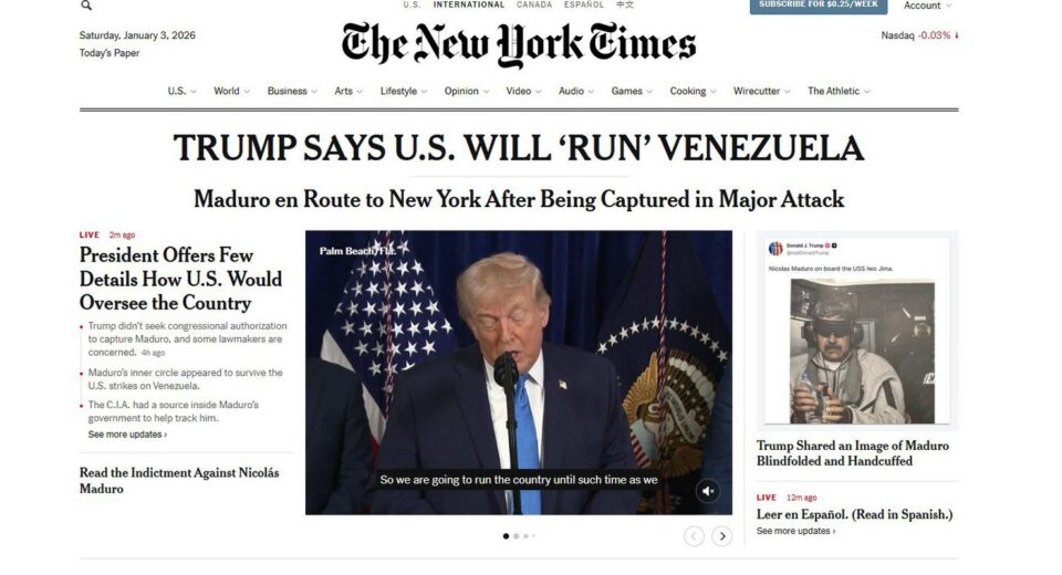 Ataque de Trump à Venezuela é ilegal e imprudente, diz New York Times
