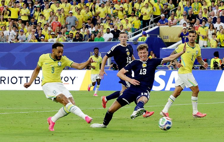 Soccer Football - FIFA World Cup 2026 - Group C - Scotland v Brazil - Miami Stadium, Miami Gardens, Florida, U.S. - June 24, 2026 Brazil's Matheus Cunha scores their third goal REUTERS/Amanda Perobelli     TPX IMAGES OF THE DAY